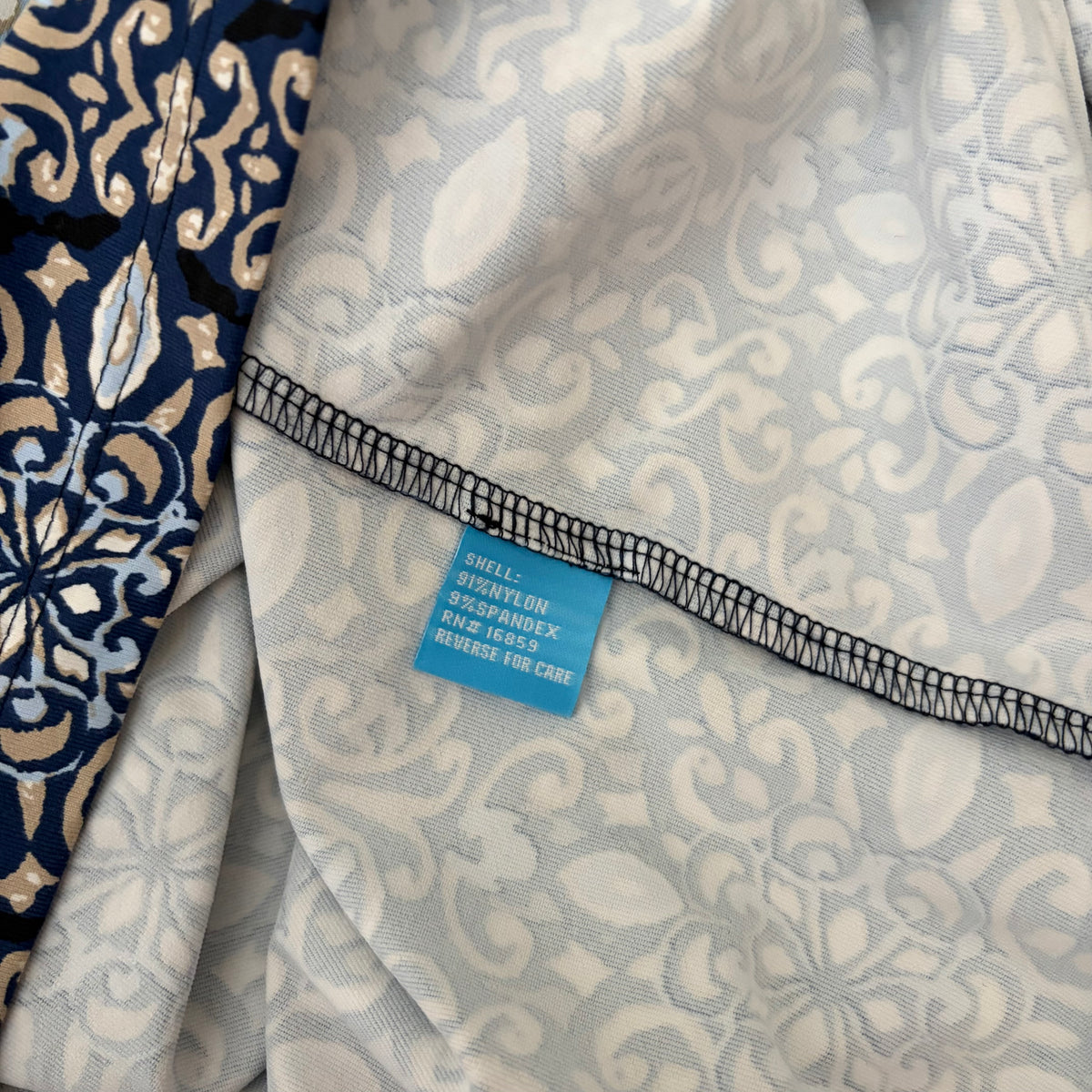 J. MCLAUGHLIN Catalyst Dress Blue White Mosaic Print Stretch Knit Pockets XL