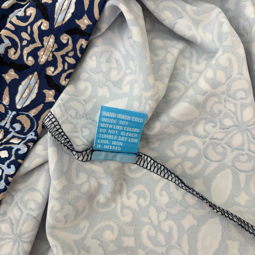 J. MCLAUGHLIN Catalyst Dress Blue White Mosaic Print Stretch Knit Pockets XL