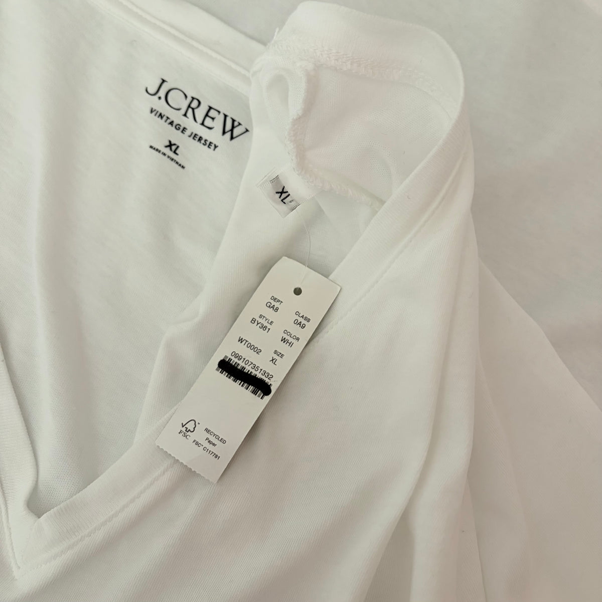 NWT J.Crew Vintage Jersey V-Neck T-Shirt White X-Large