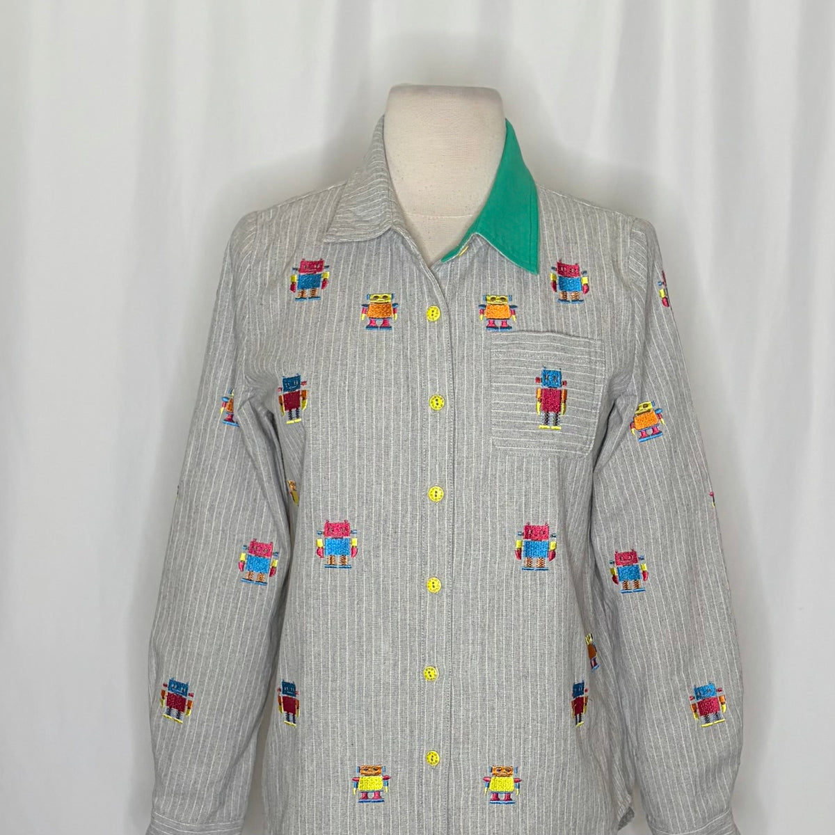 ELF SACK Embroidered Robot Pinstripe Shirt Small