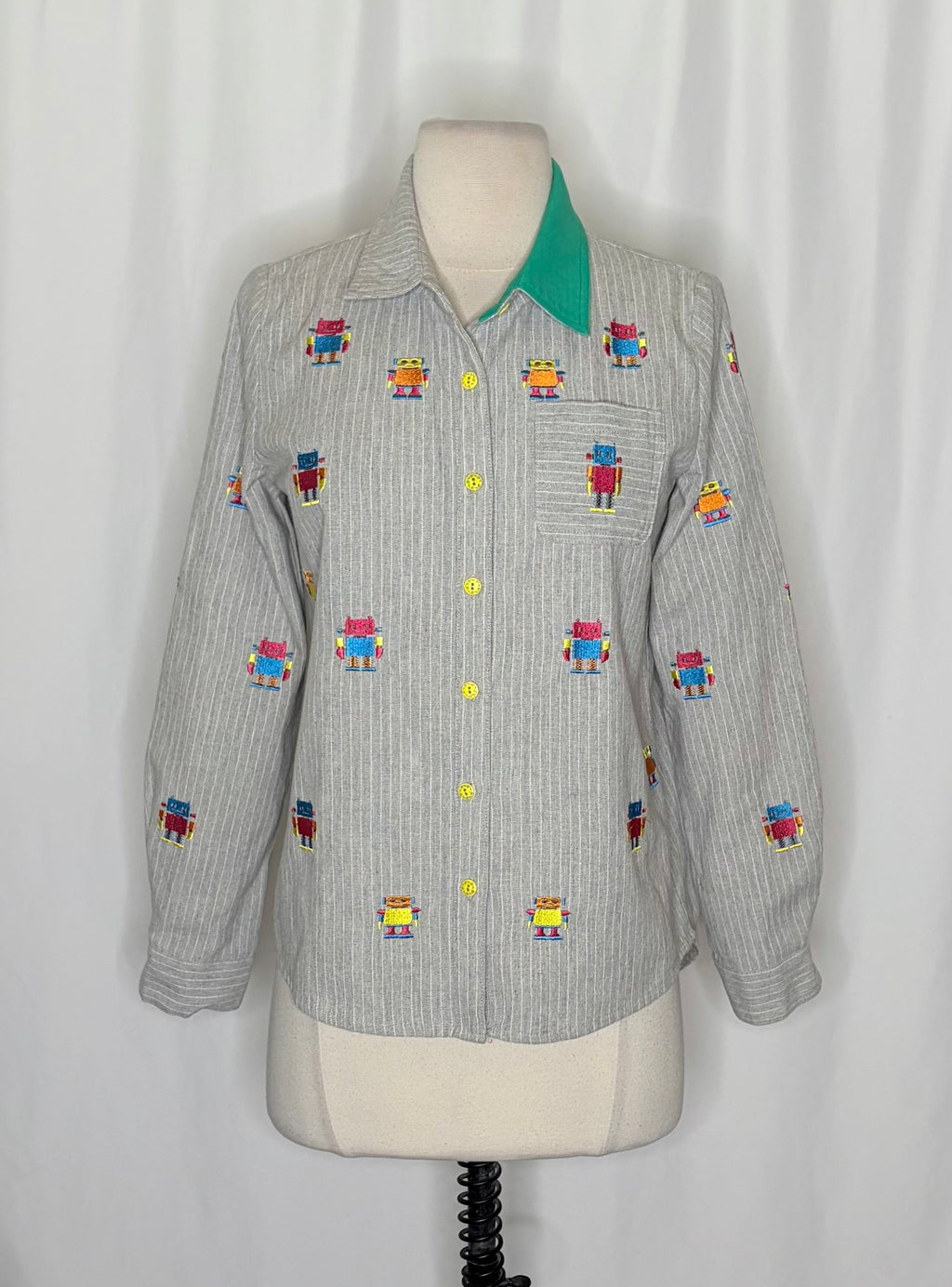 ELF SACK Embroidered Robot Pinstripe Shirt Small
