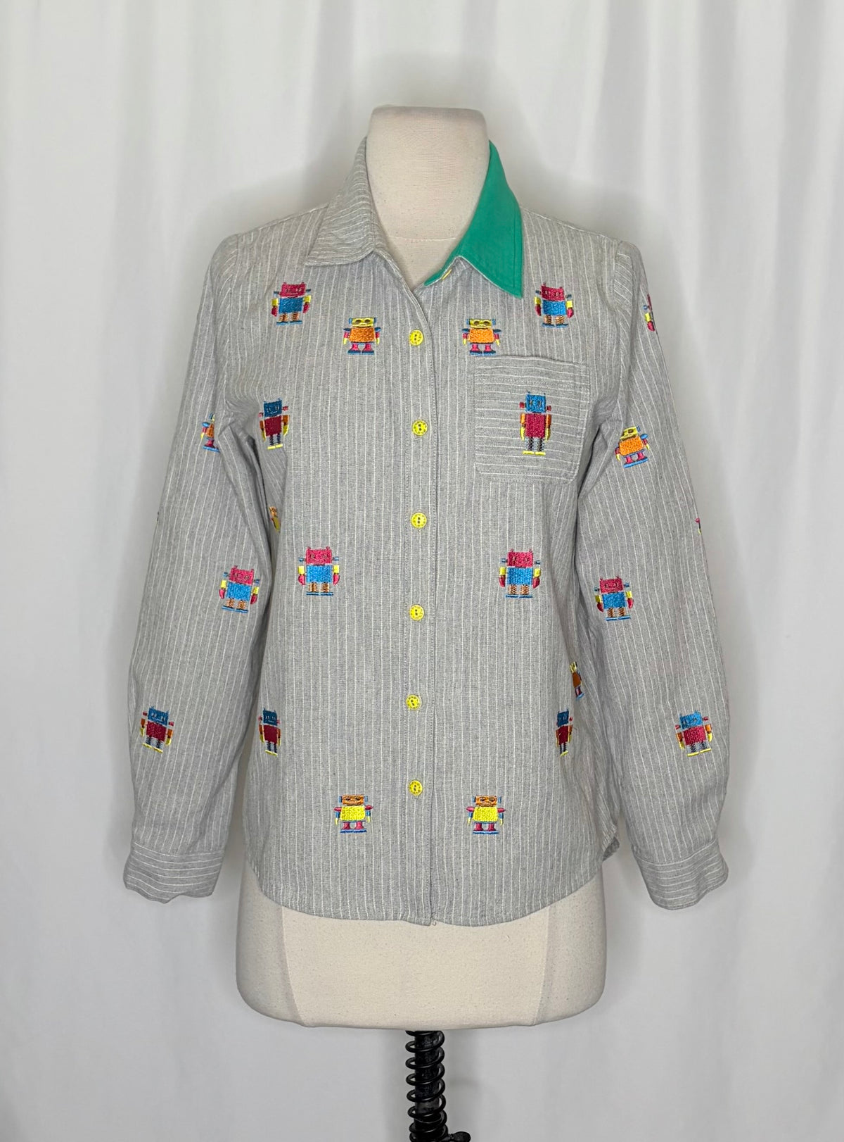 ELF SACK Embroidered Robot Pinstripe Shirt Small