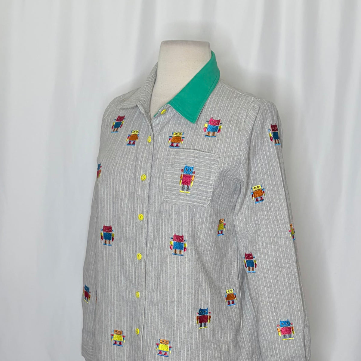 ELF SACK Embroidered Robot Pinstripe Shirt Small