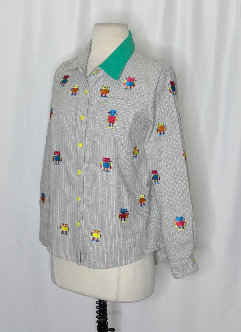 ELF SACK Embroidered Robot Pinstripe Shirt Small