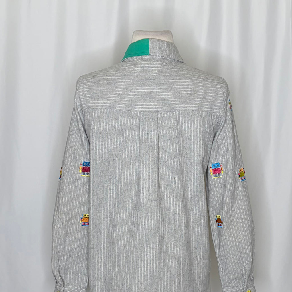 ELF SACK Embroidered Robot Pinstripe Shirt Small
