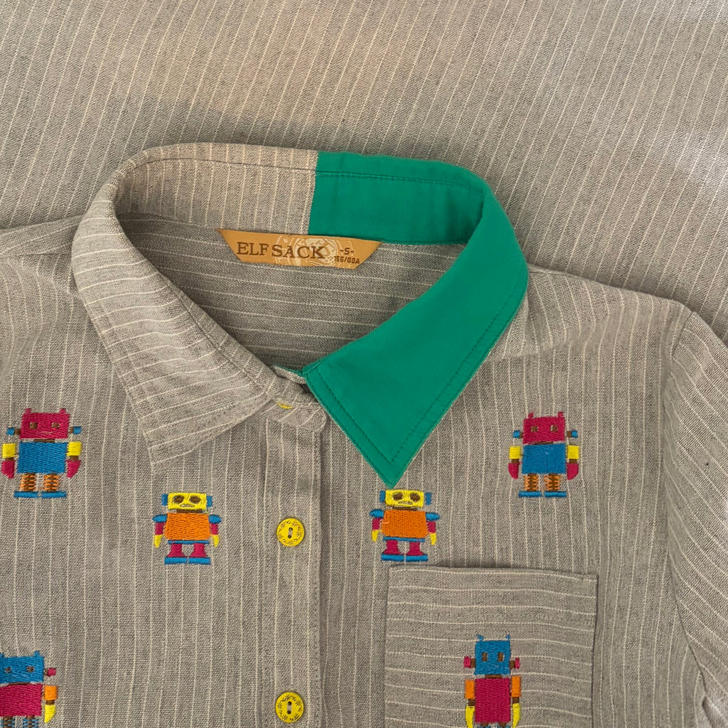 ELF SACK Embroidered Robot Pinstripe Shirt Small