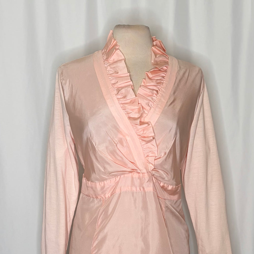 WINTERSILKS Pink 100% Silk Front Ruffle Blouse Long Sleeve Feminine Large