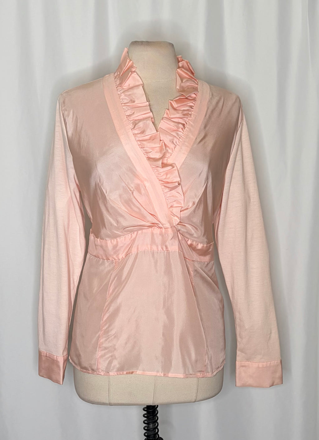 WINTERSILKS Pink 100% Silk Front Ruffle Blouse Long Sleeve Feminine Large