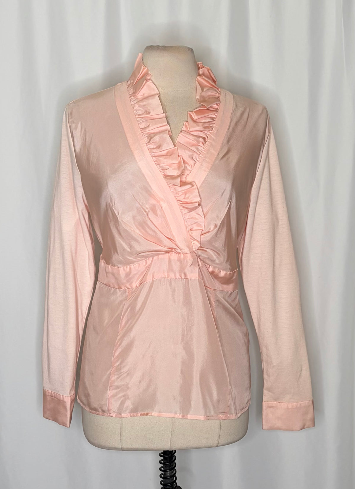 WINTERSILKS Pink 100% Silk Front Ruffle Blouse Long Sleeve Feminine Large