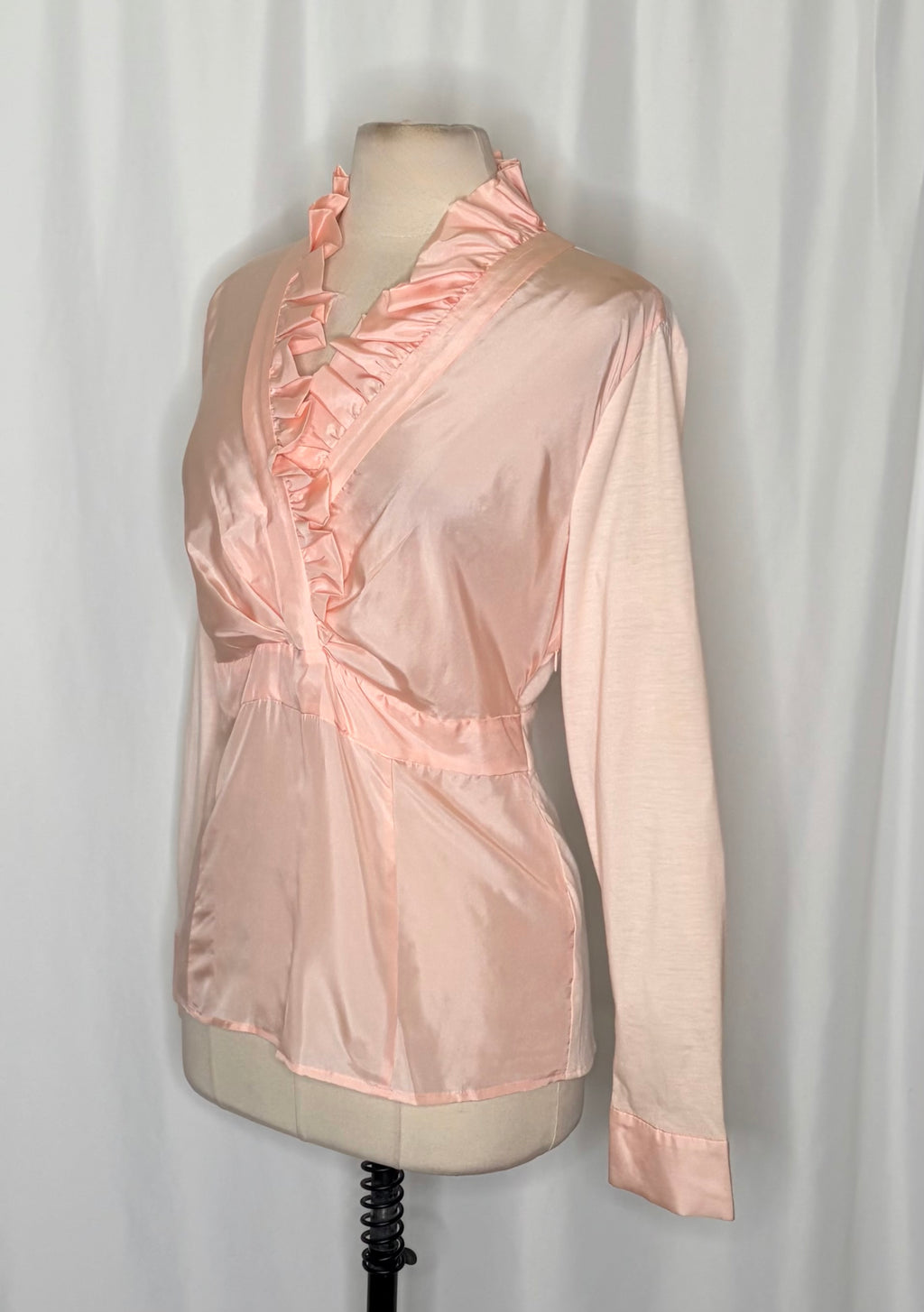 WINTERSILKS Pink 100% Silk Front Ruffle Blouse Long Sleeve Feminine Large