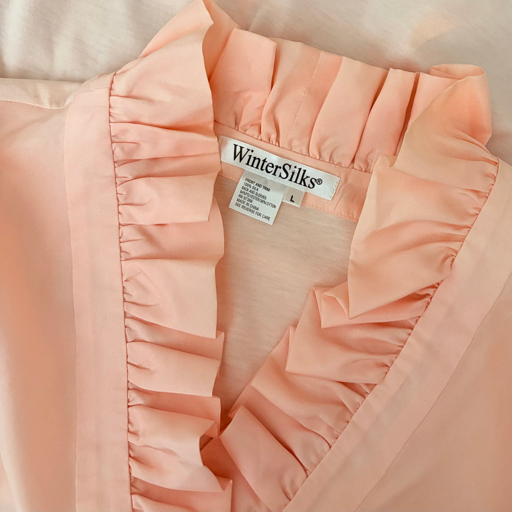 WINTERSILKS Pink 100% Silk Front Ruffle Blouse Long Sleeve Feminine Large