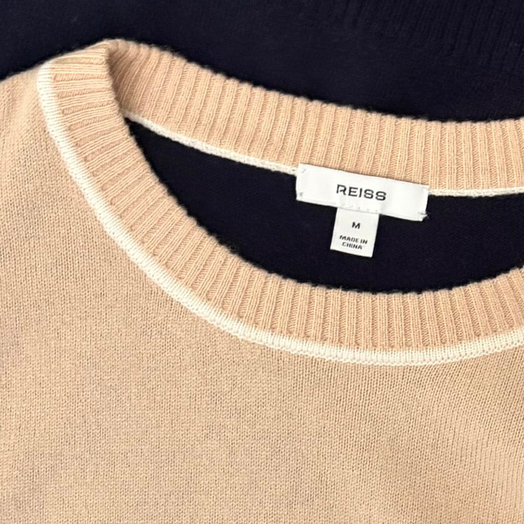 REISS Annie Wool Cashmere Colourblock Sweater Neutral Navy Crew Neck Medium