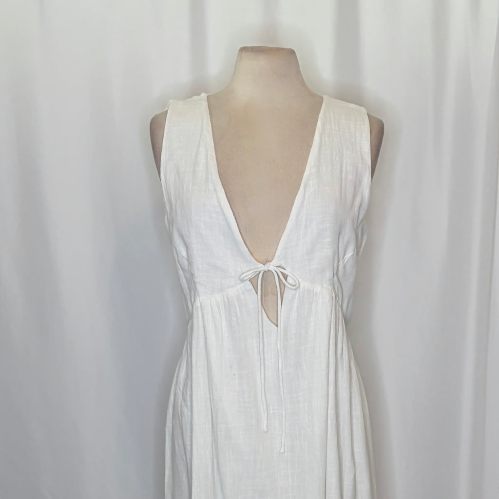 SABO Hara Dress White Textured Cotton V Neck Tie Maxi Dress X-Large US 10