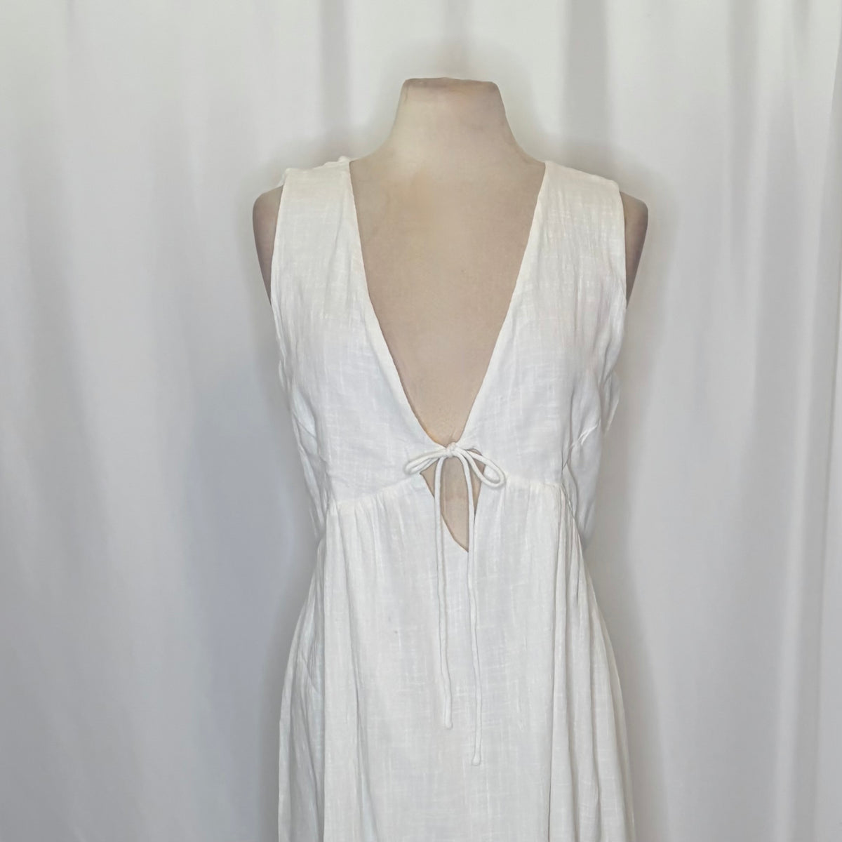 SABO Hara Dress White Textured Cotton V Neck Tie Maxi Dress X-Large US 10