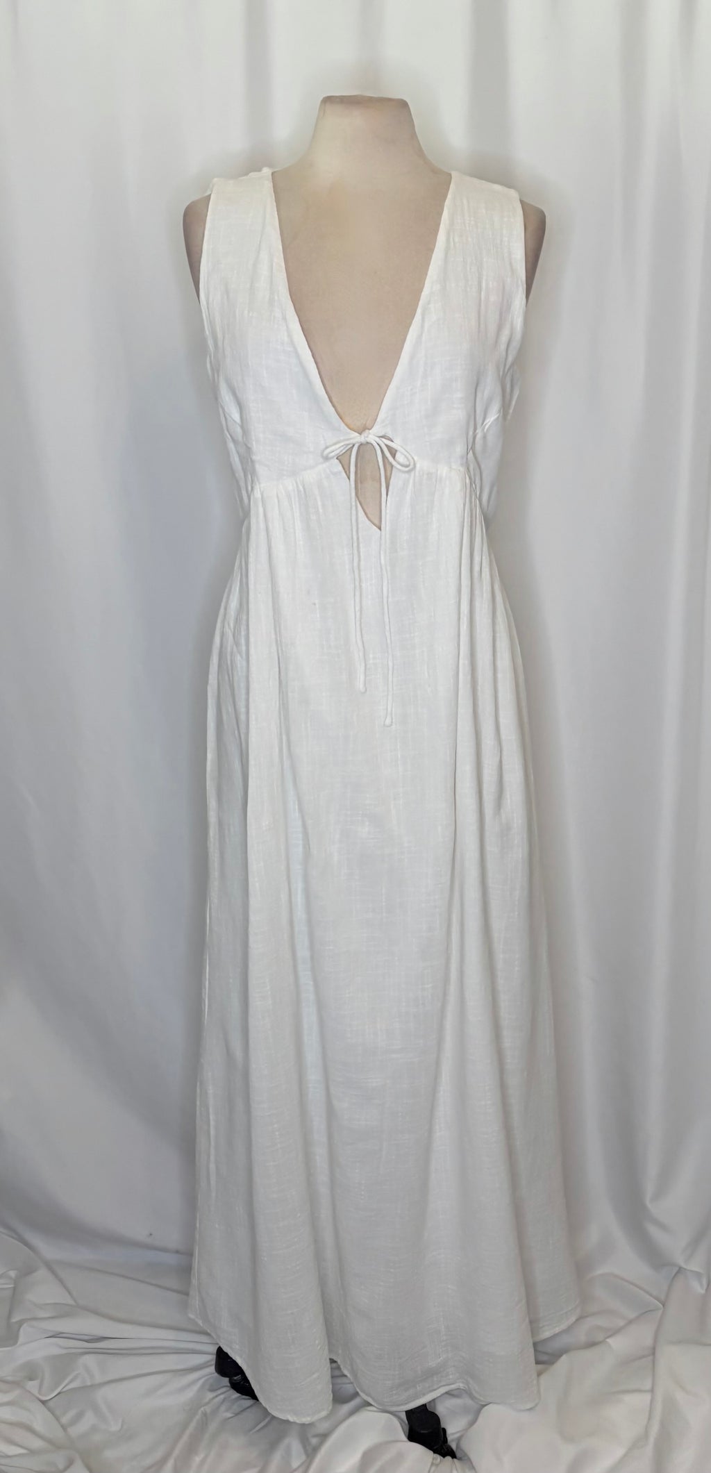 SABO Hara Dress White Textured Cotton V Neck Tie Maxi Dress X-Large US 10