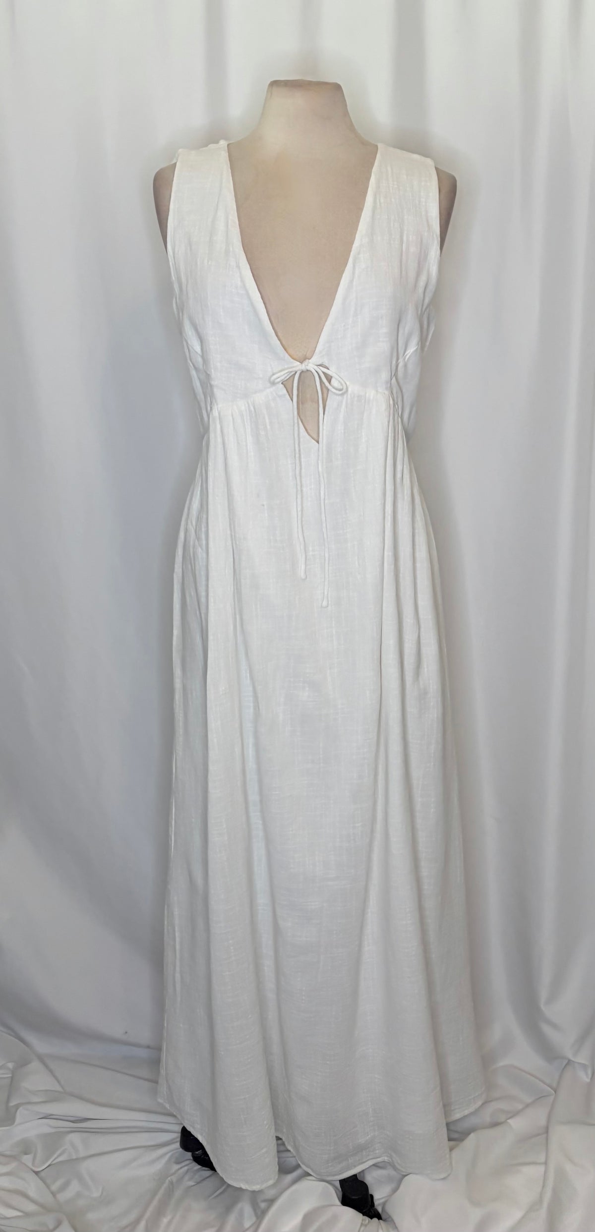 SABO Hara Dress White Textured Cotton V Neck Tie Maxi Dress X-Large US 10