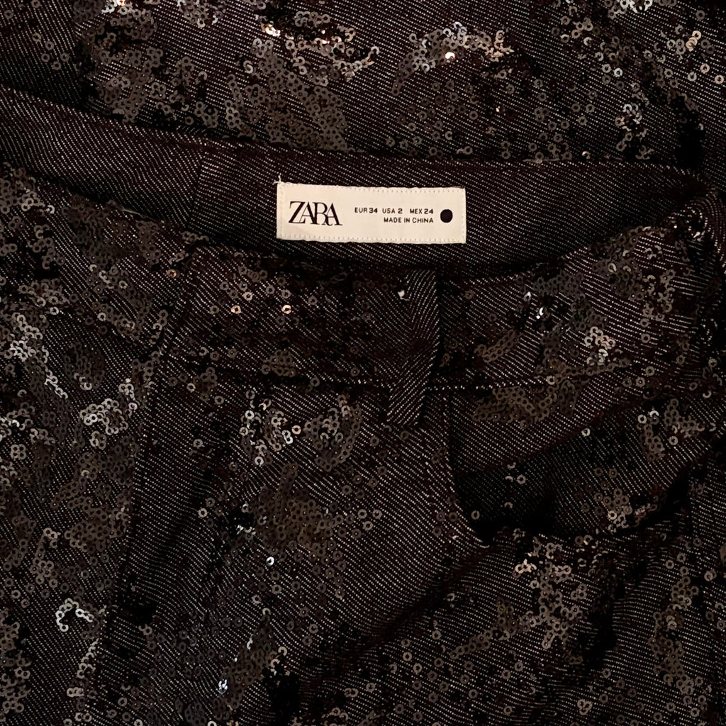 ZARA ZW Collection Sequin Paisley Straight Leg Jeans Black Runway Size 2