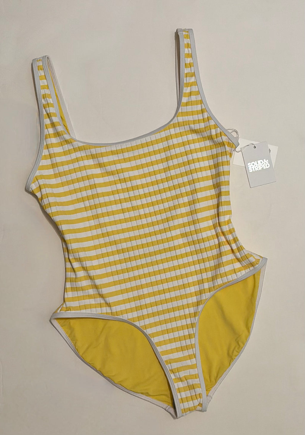 NWT!! SOLID & STRIPED Anne-Marie Ribbed One Piece Swimsuit Lemon Stripe X-Large