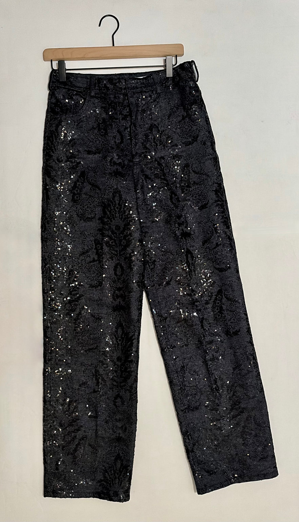 ZARA ZW Collection Sequin Paisley Straight Leg Jeans Black Runway Size 2