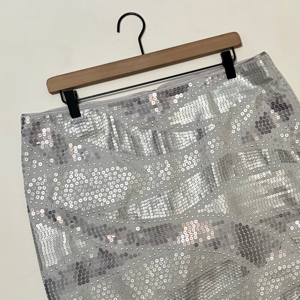 WHITE HOUSE BLACK MARKET Silver Sequin Pencil Mini Skirt Holiday Party WHBM 14