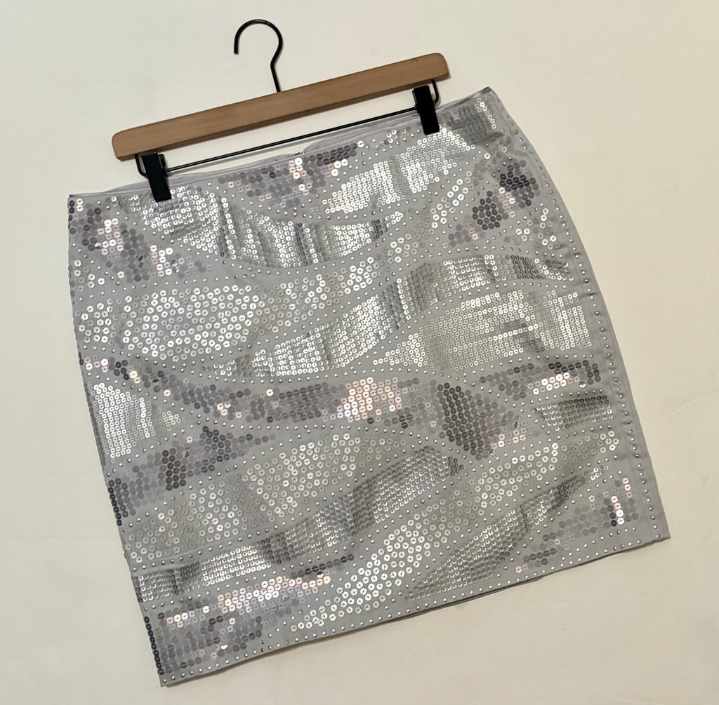 WHITE HOUSE BLACK MARKET Silver Sequin Pencil Mini Skirt Holiday Party WHBM 14