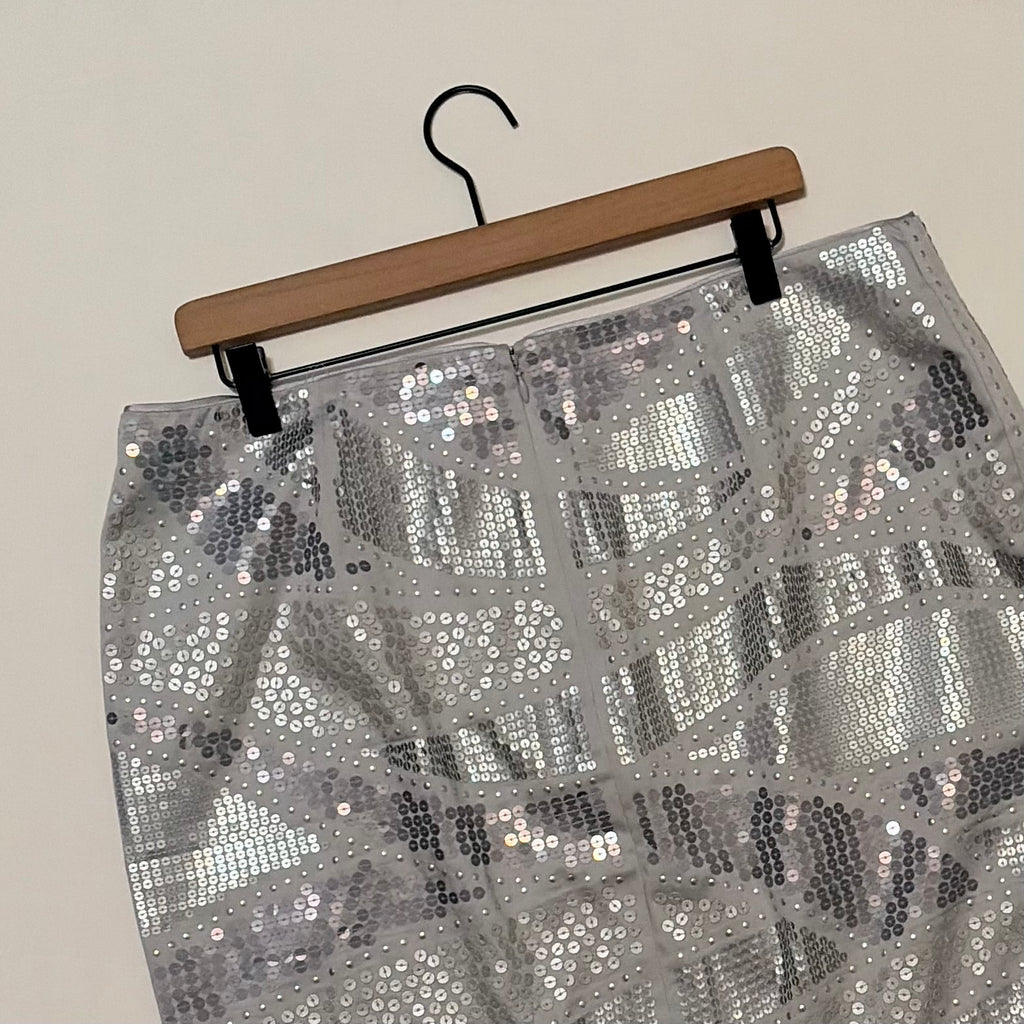 WHITE HOUSE BLACK MARKET Silver Sequin Pencil Mini Skirt Holiday Party WHBM 14