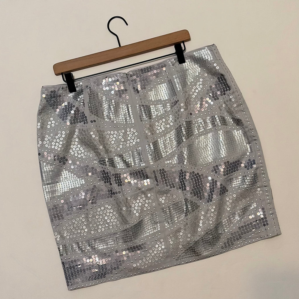 WHITE HOUSE BLACK MARKET Silver Sequin Pencil Mini Skirt Holiday Party WHBM 14