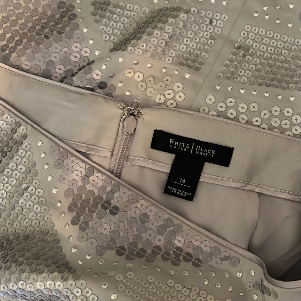 WHITE HOUSE BLACK MARKET Silver Sequin Pencil Mini Skirt Holiday Party WHBM 14