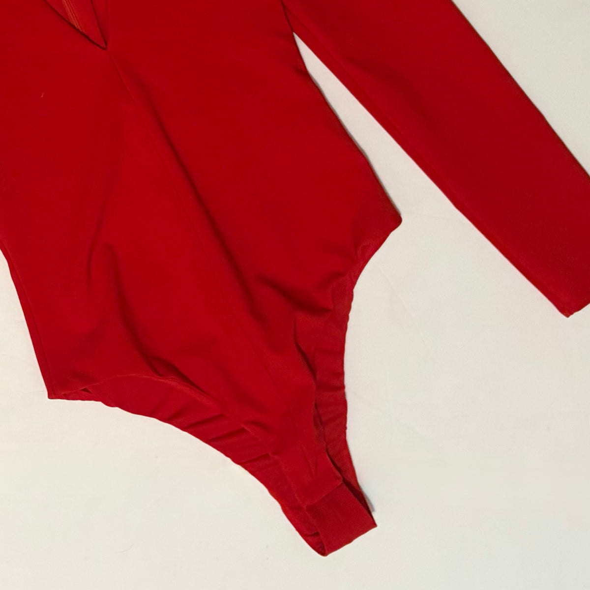 ZARA Red Structured Padded Shoulders Deep V Neck Long Sleeve Bodysuit X-Small
