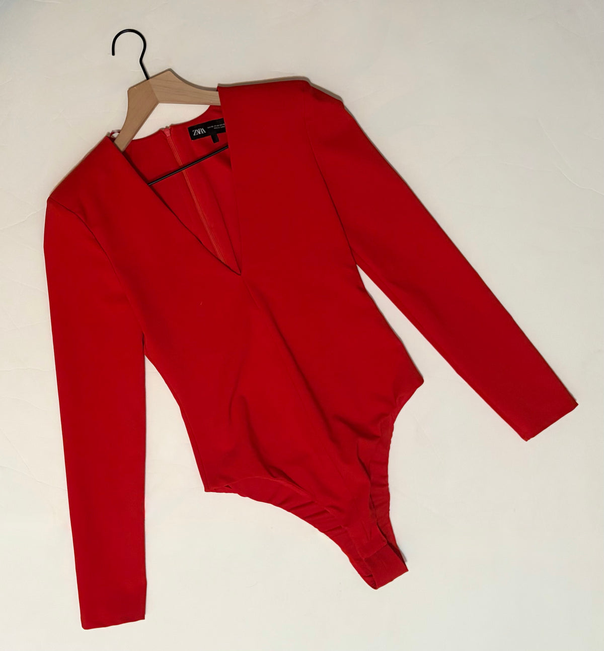 ZARA Red Structured Padded Shoulders Deep V Neck Long Sleeve Bodysuit X-Small