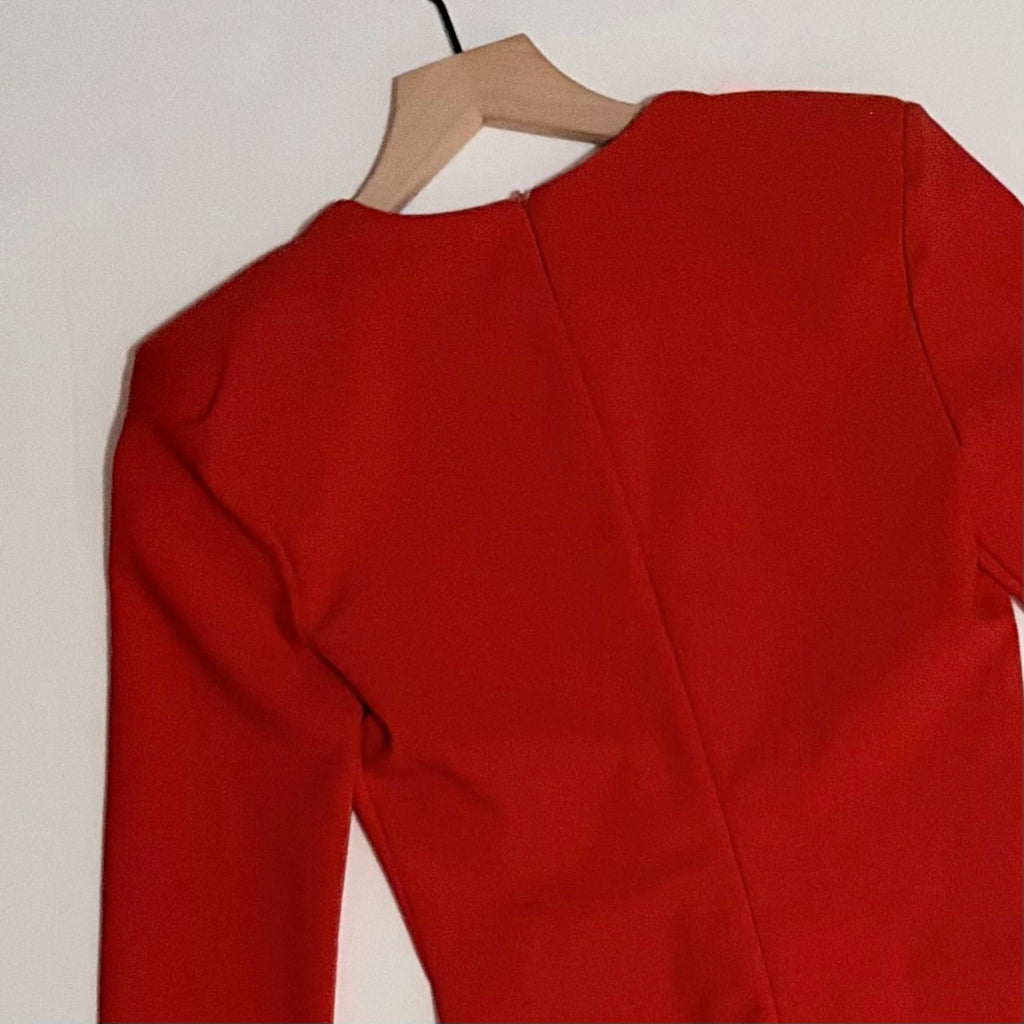ZARA Red Structured Padded Shoulders Deep V Neck Long Sleeve Bodysuit X-Small