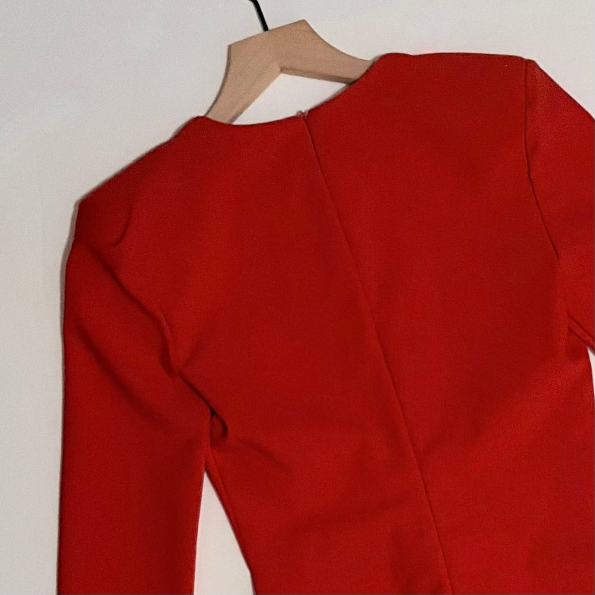 ZARA Red Structured Padded Shoulders Deep V Neck Long Sleeve Bodysuit X-Small
