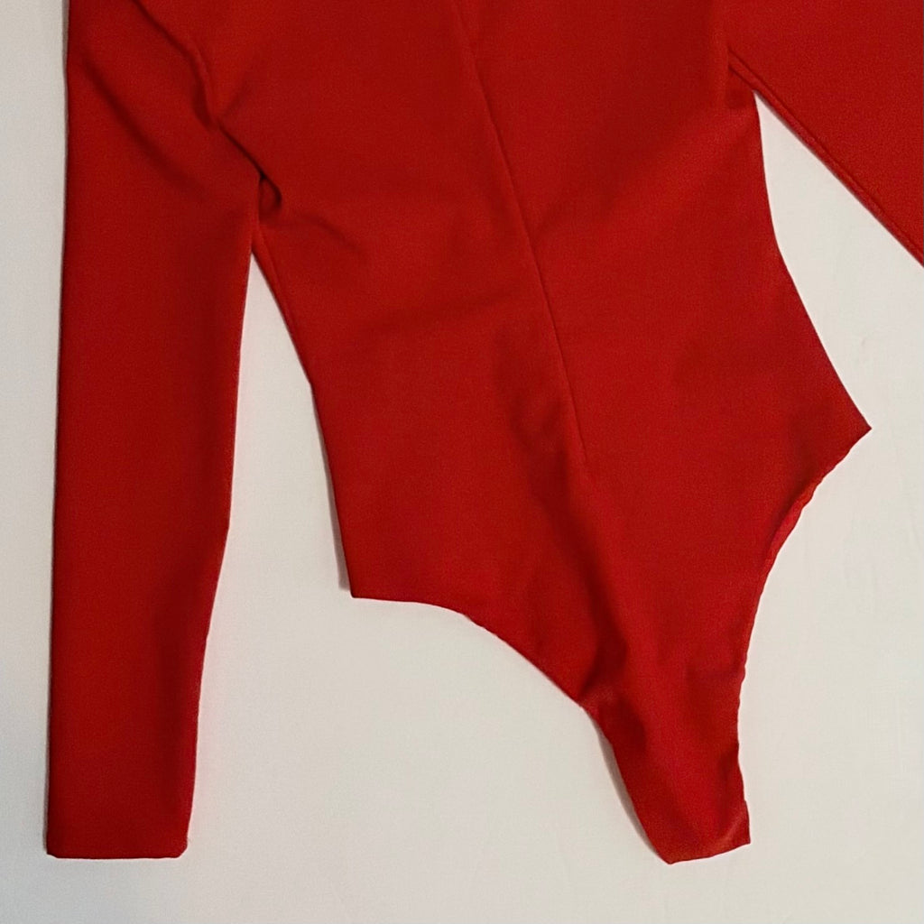 ZARA Red Structured Padded Shoulders Deep V Neck Long Sleeve Bodysuit X-Small