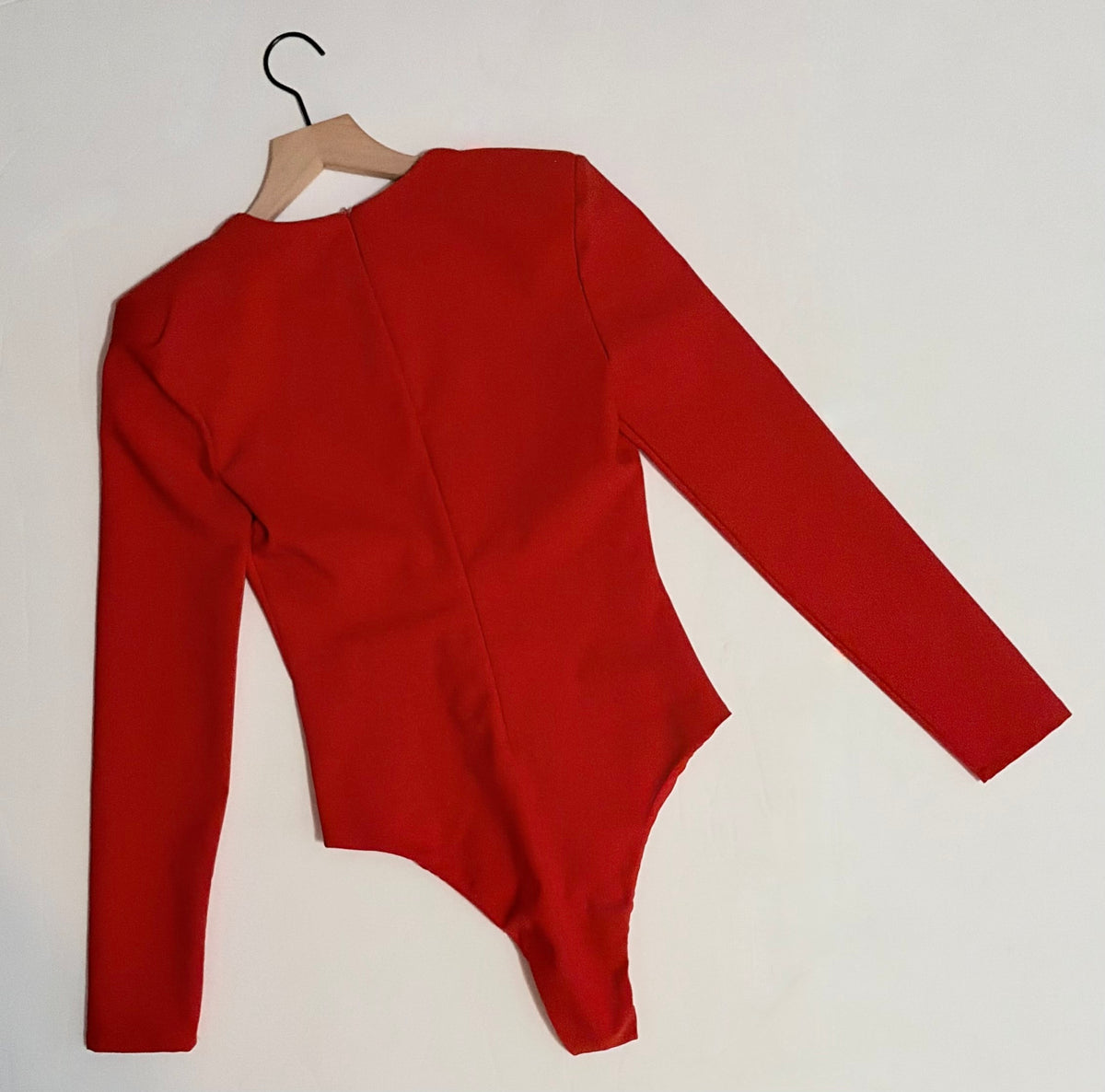 ZARA Red Structured Padded Shoulders Deep V Neck Long Sleeve Bodysuit X-Small