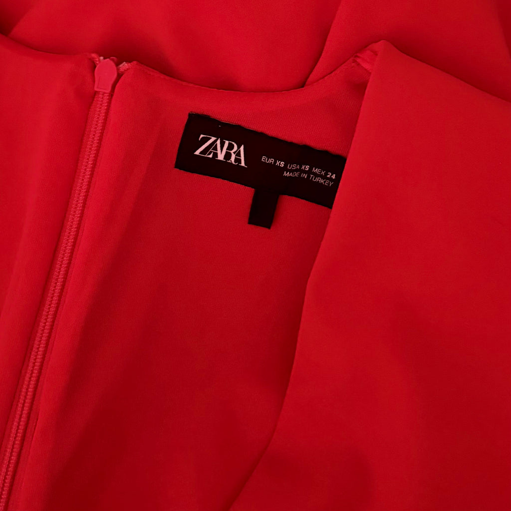 ZARA Red Structured Padded Shoulders Deep V Neck Long Sleeve Bodysuit X-Small