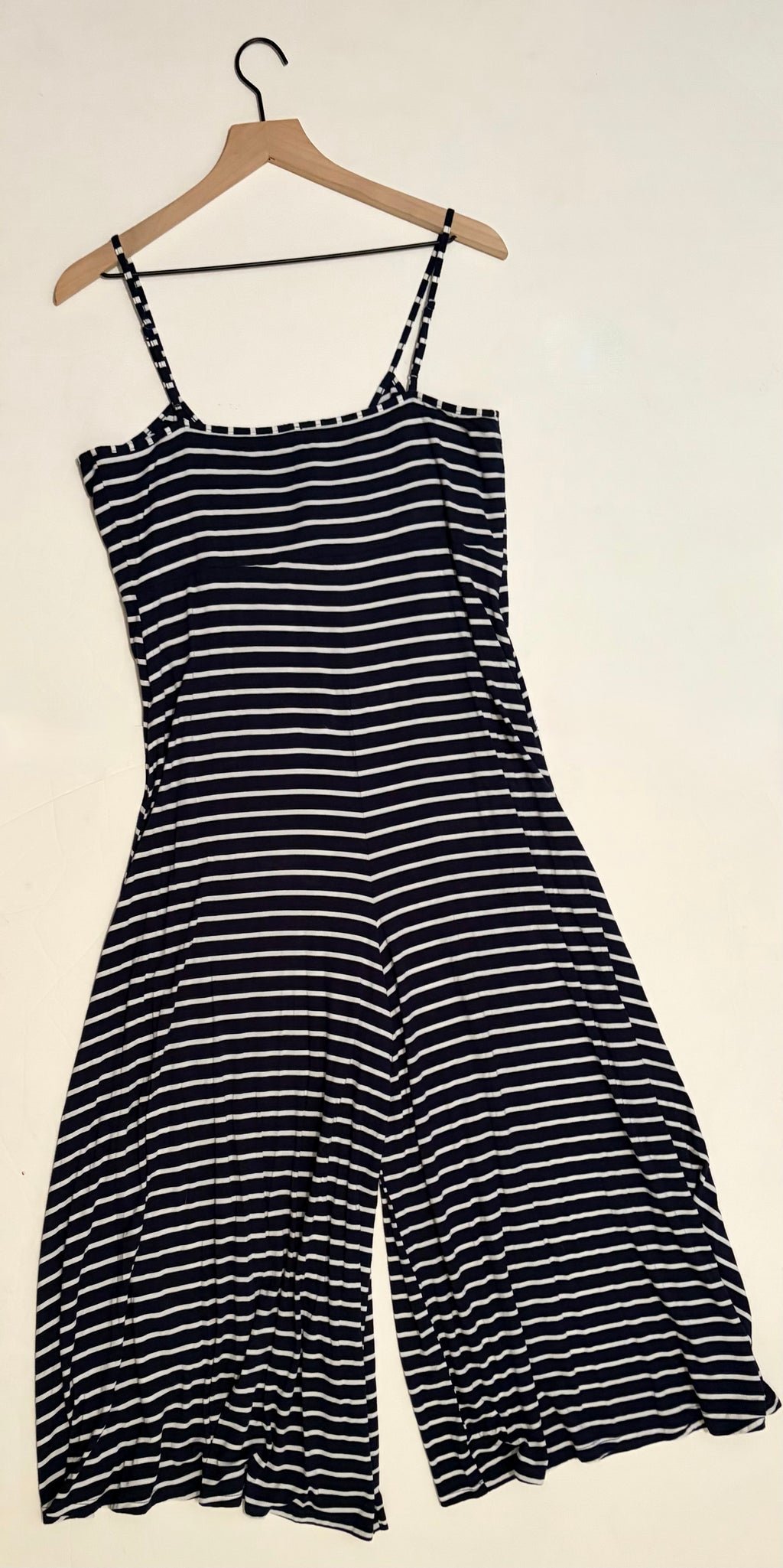 ANTHROPOLOGIE Lissa Wide Leg Jumpsuit Navy White Striped Knit Nautical Large