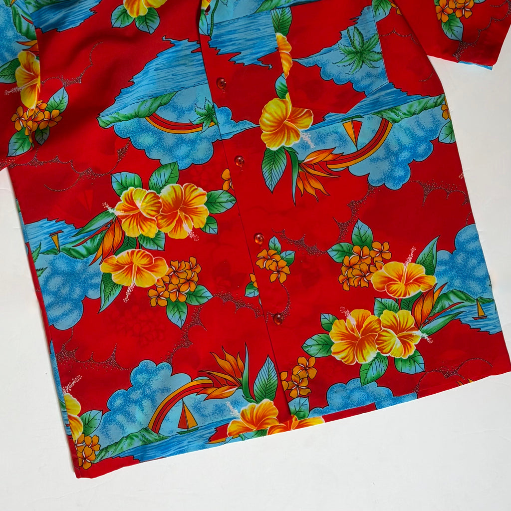 Vintage 1980s HILO HATTIE Hawaiian Aloha Shirt Red Rainbow Floral Large