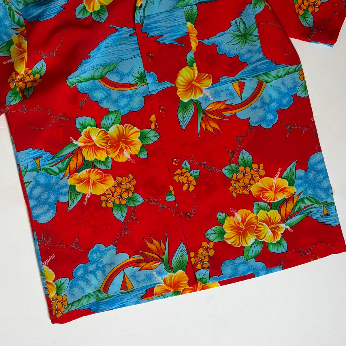 Vintage 1980s HILO HATTIE Hawaiian Aloha Shirt Red Rainbow Floral Large