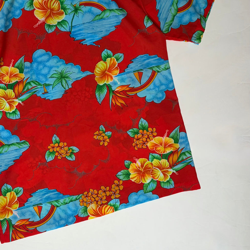 Vintage 1980s HILO HATTIE Hawaiian Aloha Shirt Red Rainbow Floral Large