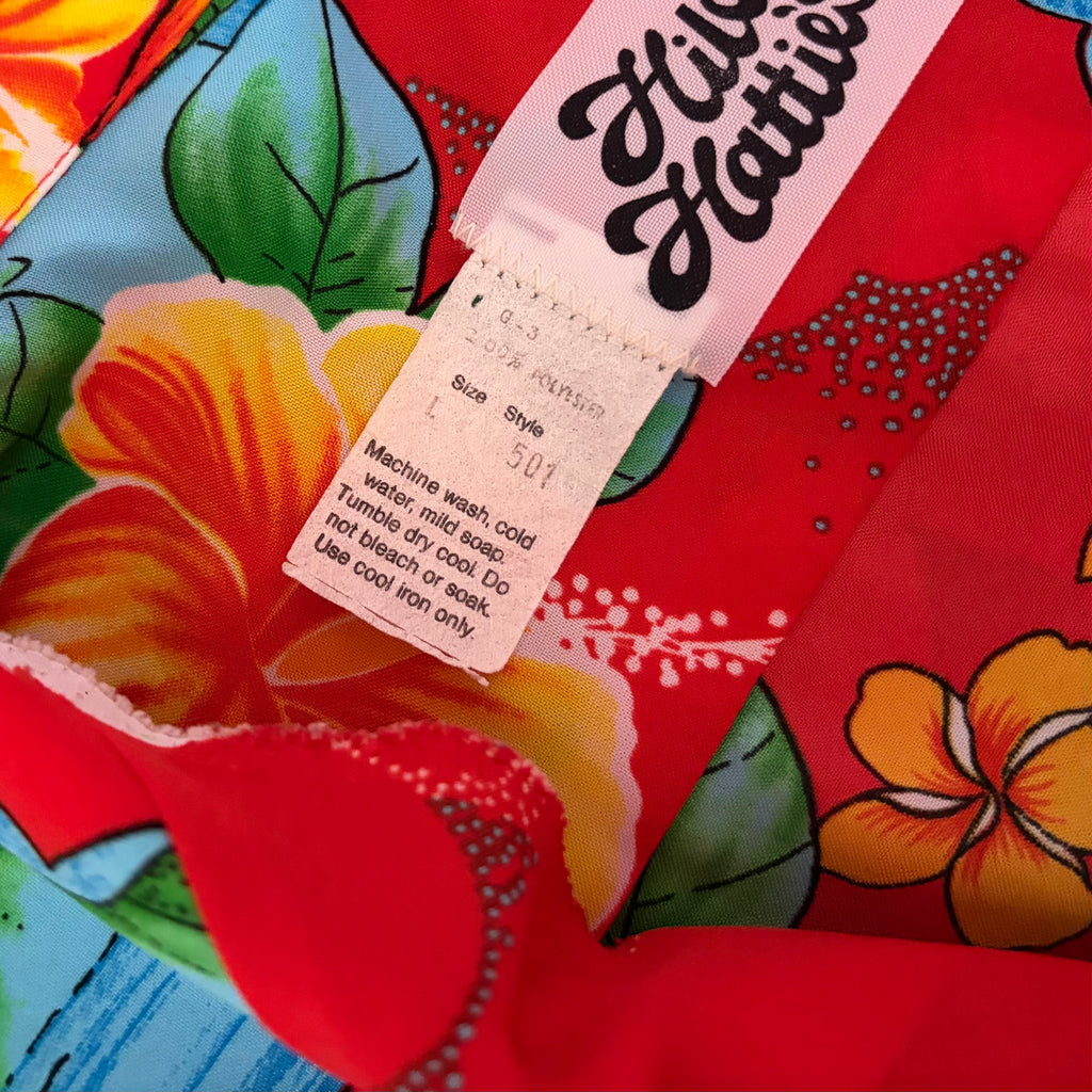 Vintage 1980s HILO HATTIE Hawaiian Aloha Shirt Red Rainbow Floral Large