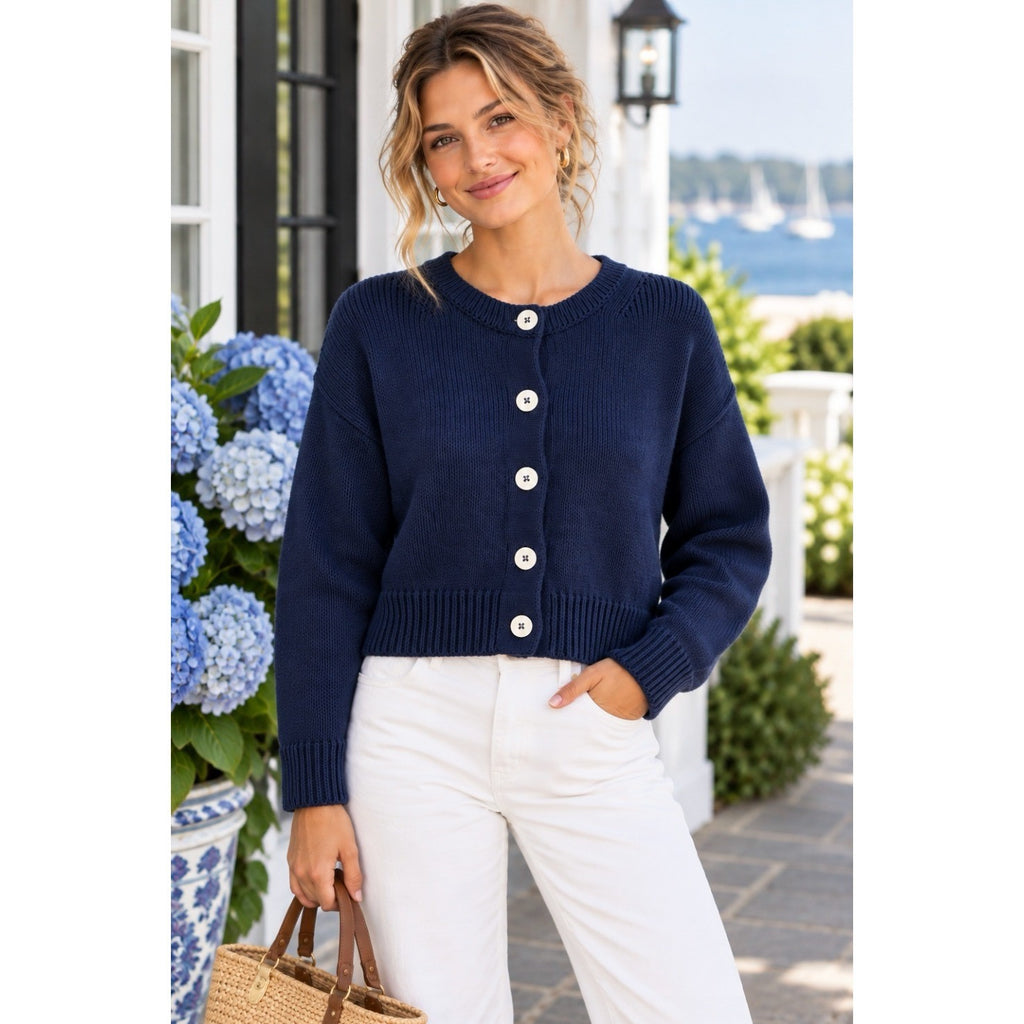 CAROLINE CONSTAS Navy Blue Cotton Cropped Cardigan Sweater Quiet Luxury Medium
