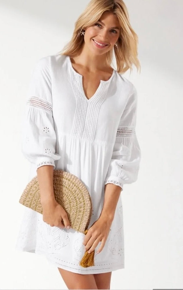 TOMMY BAHAMA White Eyelet Linen Blend Dress Balloon Sleeve Embroidered Small