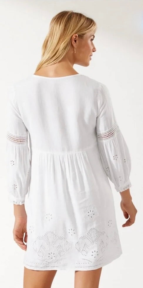 TOMMY BAHAMA White Eyelet Linen Blend Dress Balloon Sleeve Embroidered Small