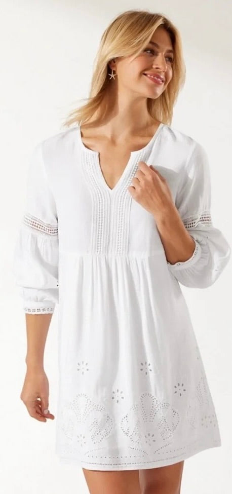 TOMMY BAHAMA White Eyelet Linen Blend Dress Balloon Sleeve Embroidered Small