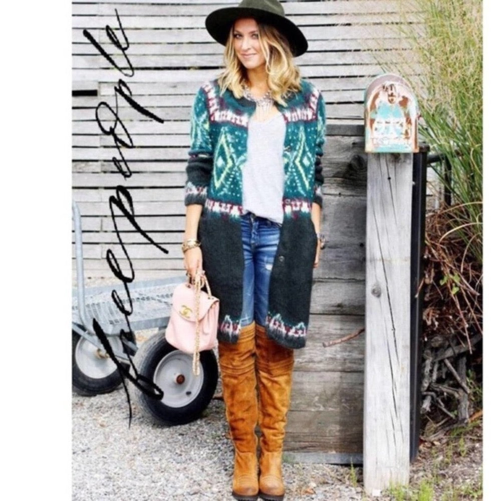 FREE PEOPLE Frosted  Fair Isle Longline Cardigan Mohair Wool Boho Sweater Small