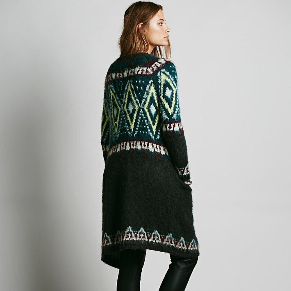 FREE PEOPLE Frosted  Fair Isle Longline Cardigan Mohair Wool Boho Sweater Small