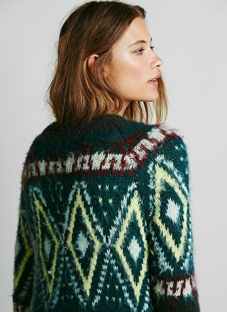 FREE PEOPLE Frosted  Fair Isle Longline Cardigan Mohair Wool Boho Sweater Small