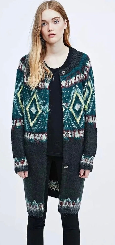 FREE PEOPLE Frosted  Fair Isle Longline Cardigan Mohair Wool Boho Sweater Small