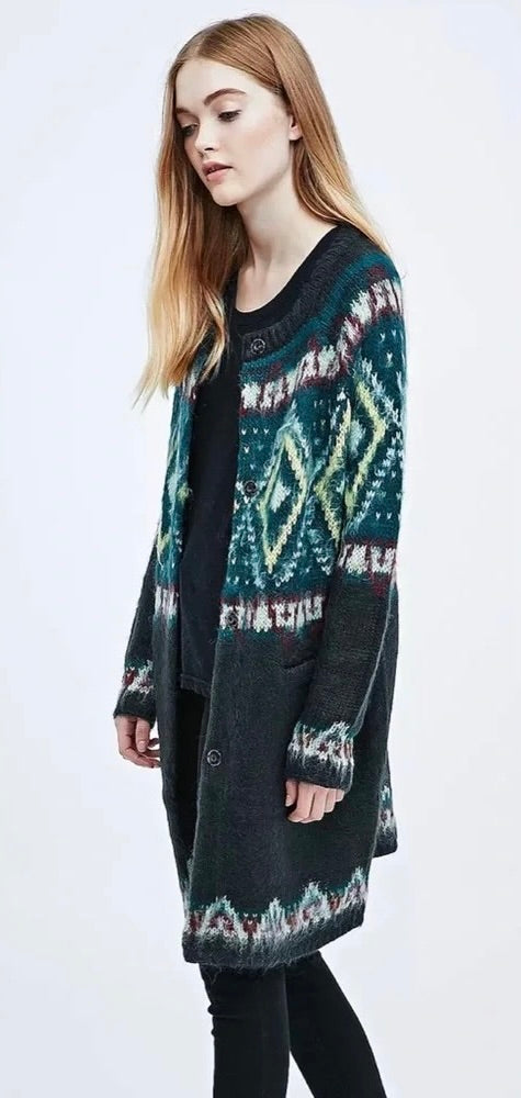 FREE PEOPLE Frosted  Fair Isle Longline Cardigan Mohair Wool Boho Sweater Small