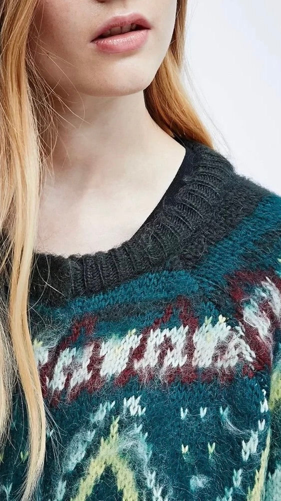 FREE PEOPLE Frosted  Fair Isle Longline Cardigan Mohair Wool Boho Sweater Small